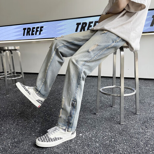 Hongtiwan Jeans Herren Sommer Ripped High Street Vibe American Hosen Trendy Herren koreanischer Stil Trendy Teenager Slim Fit Blue Ripped Style Yd728 m (80-100jin [Jin entspricht etwa 0,5 kg])
