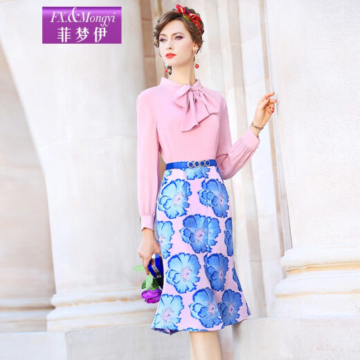Feimengyi fake two-piece dress women's long-sleeved 2020 autumn dress ladylike temperament printed mid-length shirt skirt pink blue M