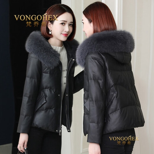 Fan Qiaoxi brand short genuine leather down jacket for women winter new sheepskin fox fur collar leather jacket black XL Fan Qiaoxi brand short genuine leather down jacket for women winter new sheepskin fox fur collar leather jacket black XL