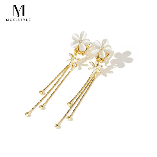 Mck imitation opal flower tassel ear clip women's long pierced earrings girlfriend Chinese Valentine's Day gift