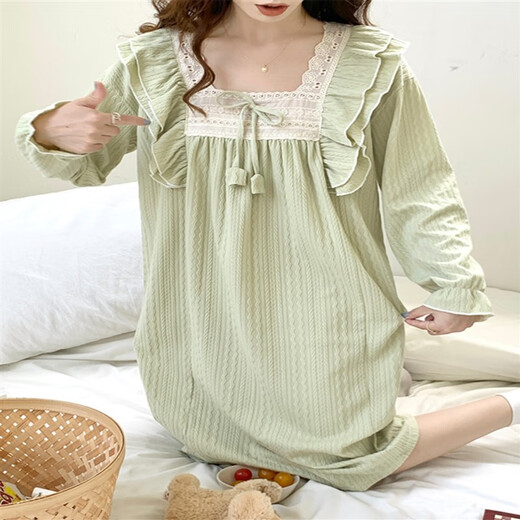 Princess Doretin style nightgown for girls in spring, autumn and winter, sweet lace mid-length pajamas dress thin home clothes sx#9904-1 square neck lace skirt gray M 160