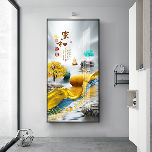 牧邻玄关装饰画新中式轻奢现代简约背景墙壁挂画免打孔走廊过道镶钻画 12243福鹿呈祥 晶瓷70*140黑框 墙宽101-120