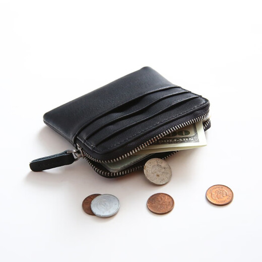 First layer cowhide men's mini coin purse ultra-thin genuine leather zipper wallet men's and women's coin bag short wallet card bag black [plain leather]