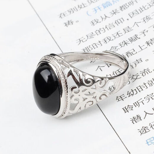 Sanskrit natural black agate gemstone ring for men and women 925 silver couple ring open ring personalized simple fashion jewelry black agate ring for men and women 925 silver