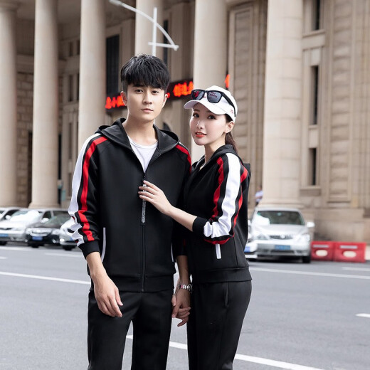 Shimu sports suit 2020 autumn and winter new women's fashion casual couple two-piece suit Korean version slim outdoor sports sweatshirt short-sleeved T-shirt black men's XL