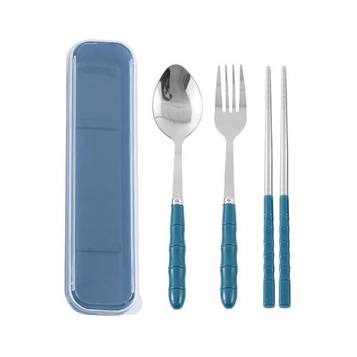 天南兄弟餐具筷子勺子套装学生便携上班族筷子盒可爱不锈钢叉子三件套单人 两件套蓝色
