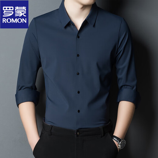 Romon seamless shirt men's spring, autumn and winter no-iron drape plus velvet warm shirt no-iron elastic business casual dad upper cyan regular XL 175 recommended 135-150Jin Jin equals 0.5 kg