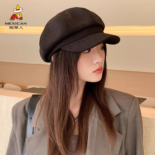 Scarecrow Hat Women's Autumn and Winter New Octagonal Hat Korean Version Versatile Simple Solid Color Japanese Fashion Trendy Peaked Hat Black 76696 One Size