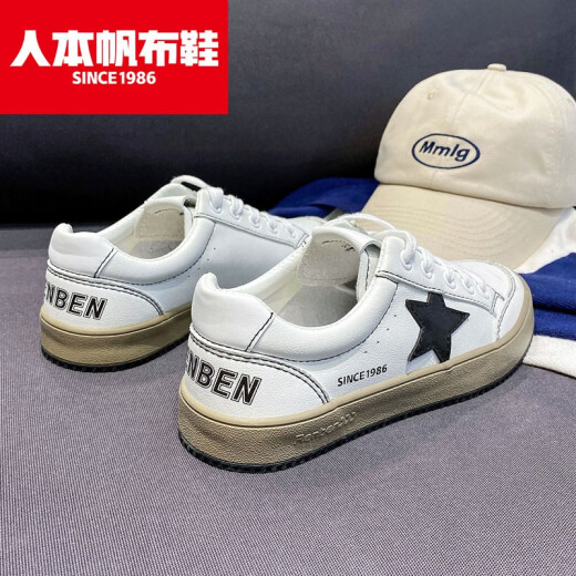 Renben retro white shoes leather canvas shoes versatile Japanese sneakers female stars ins trendy casual white and black 38