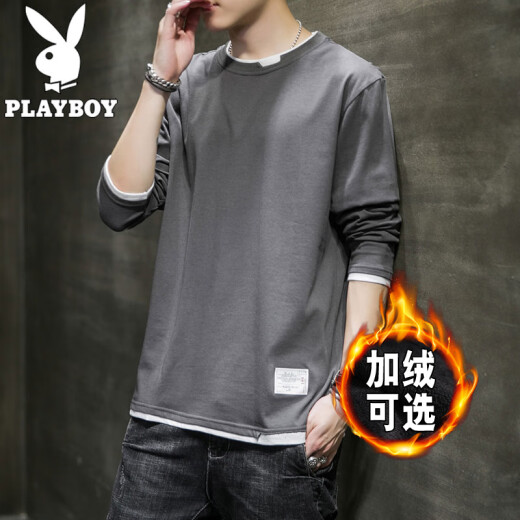 Playboy men's long-sleeved T-shirt men's fake two-piece autumn new solid color inner clothing bottoming shirt trendy brand autumn student tops men's fashion loose sweatshirt casual autumn clothes for men MYY5130 dark gray M