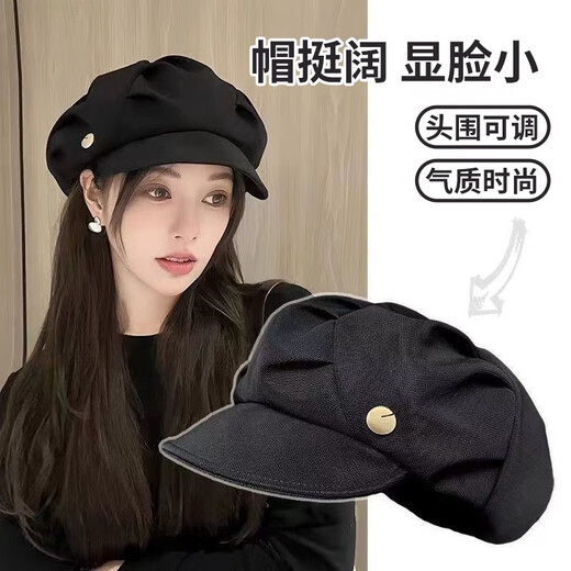 Miao Yijia beret hat women's autumn and winter sun hat octagonal hat versatile new big head circumference showing face small Korean print painter hat pleated beret black