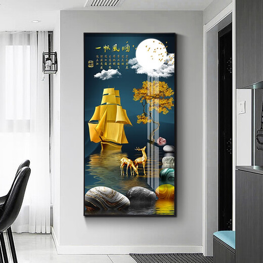 Xiao Lulin Light luxury entrance decoration painting New Chinese style entrance painting aisle corridor mural Nordic abstract elk hanging painting crystal porcelain painting 14087 smooth sailing Diamond inlay painting 100*200 cool black (customized size)