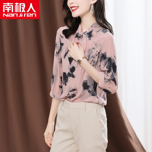 Antarctic short-sleeved shirt for women 2021 summer new women's Korean style fashionable literary retro shirt bow ink print chiffon shirt top trendy BH439-5916-pink XL recommended 110-118Jin [Jin equals 0.5 kg]