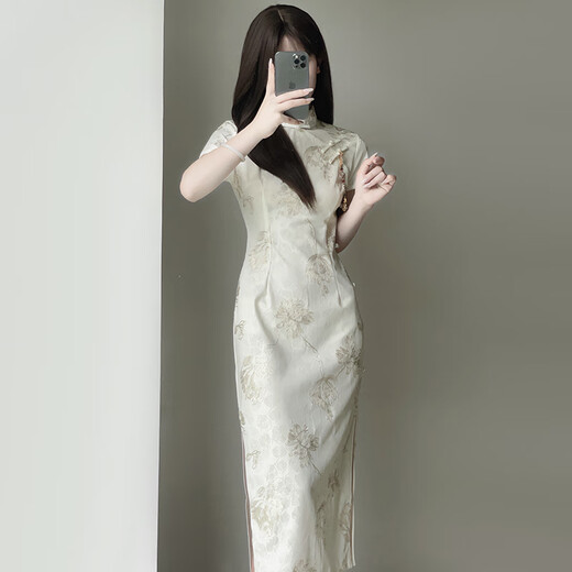 Jialong Mingxiu Cheongsam 2025 New Improved Summer Dress Temperament High-end Young Girl New Chinese Style Apricot M