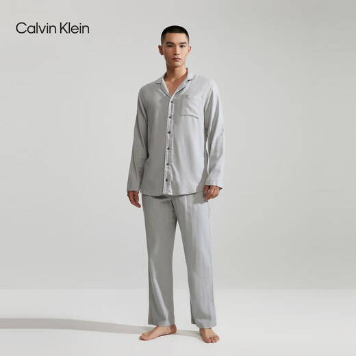 Calvin Klein内衣秋冬男士时尚休闲格纹纽扣翻领舒适家居长袖睡衣NM1428O P7A-鸽子灰 M