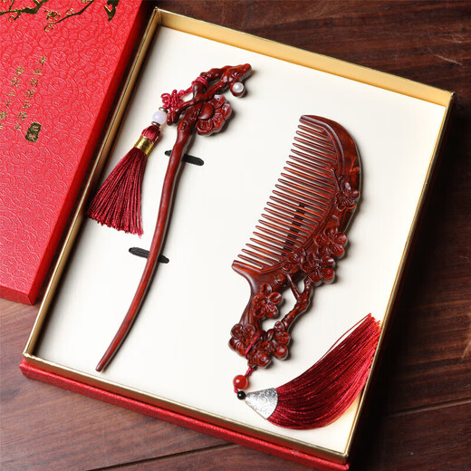 Meng Junchen red sandalwood comb handmade jade rabbit comb hairpin set for wife, girlfriend, mother's birthday, Valentine's Day gift, peach blossom gift box set