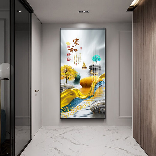 牧邻玄关装饰画新中式轻奢现代简约背景墙壁挂画免打孔走廊过道镶钻画 12243福鹿呈祥 晶瓷70*140黑框 墙宽101-120