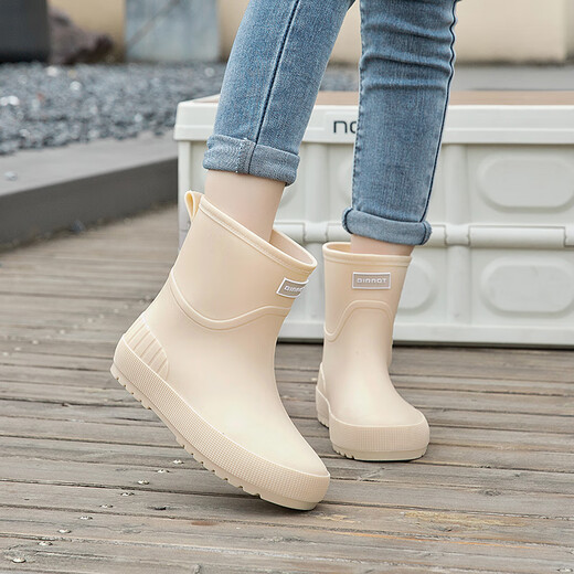 Xili 2023 new mid-tube rain boots for female internet celebrity mid-top waterproof shoes for adult kitchen anti-slip rubber shoes soft sole overshoes rain boots beige 37