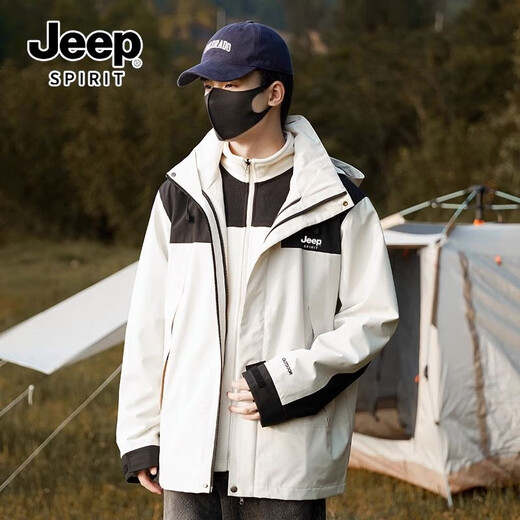 吉普（JEEP）冲锋衣羽绒服三合一男女士外套男团购情侣夹克衣服男装登山滑雪服 象牙白 [春秋款无内胆]男女同款锋衣 M (建议135-150斤）