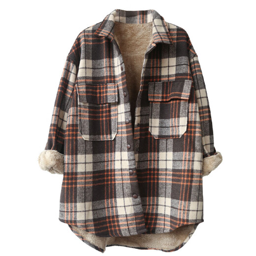 Shaqi mid-length shirt women's loose plaid retro Hong Kong style shirt jacket 2021 new arrival coffee grid without velvet one size fits all (95-145Jin [Jin equals 0.5 kg])