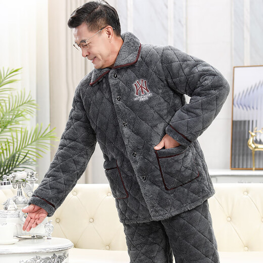 馨梦悦男士睡衣秋冬季加厚加绒珊瑚绒夹棉保暖法兰绒中老年人爸爸家居服 C9921#黑灰色男【长毛绒】 XXXL(160-200斤)三层加厚
