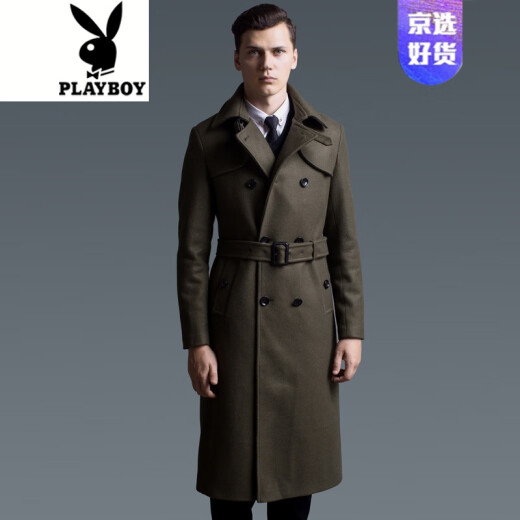 Playboy extra long woolen coat men's army green 2020 autumn and winter new style British double-breasted woolen coat large size army green M