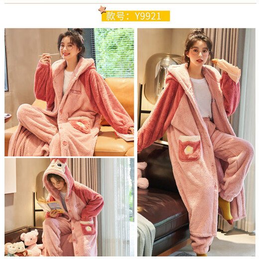 Delia coral velvet pajamas for women in winter plus velvet thickened nightgown for mid-length student cartoon autumn home clothes two-piece set 9921 2XL code (recommended 140-160Jin [Jin equals 0.5 kg])