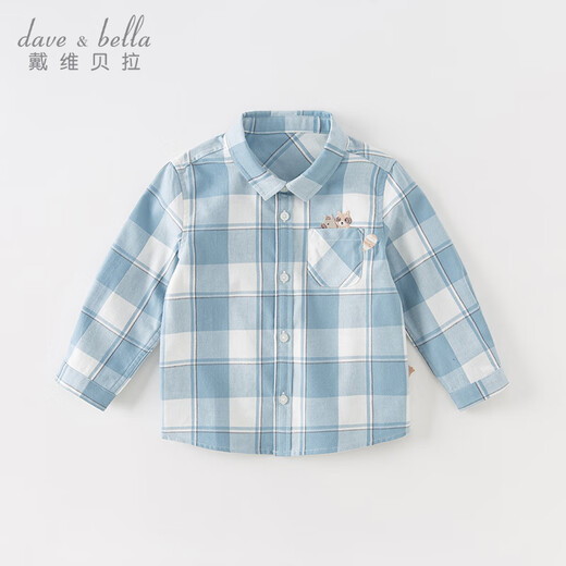 DAVE&BELLA boys' shirts, long-sleeved children's tops, children's plaid shirts, boys' clothes, spring new children's clothes, blue, in stock, 100 cm (recommended height 90-100cm)