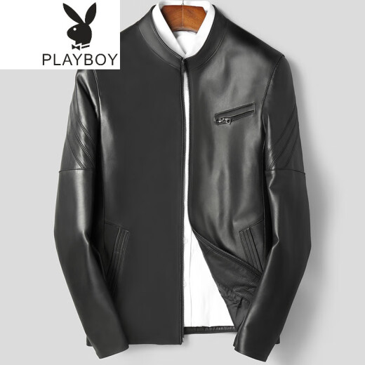 Playboy [High-end Light Luxury] 2020 New Spring and Autumn Haining Men's Leather Jacket Genuine Leather Korean Style Slim Jacket Stand Collar Fur Motorcycle Leather Jacket Men's Black 170/L