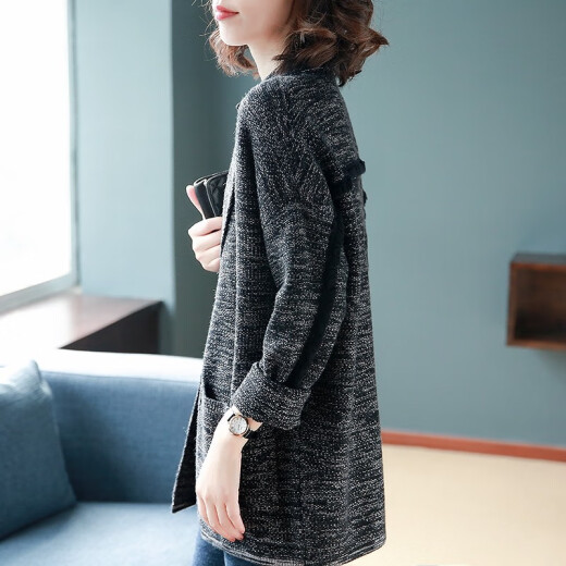 Chenran knitted sweater for women in autumn and winter new style simple temperament mid-length suit collar thickened warm sweater jacket for women casual black M