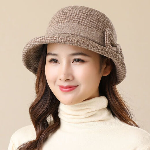 万舰中老年人帽子女秋秋季妈妈毛呢盆帽加厚奶奶礼帽春秋洋气渔夫 卡其色 可调节