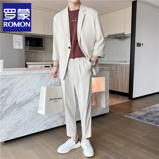 ROMON Light and mature autumn and winter thin three-quarter sleeve casual suit suit for men, high-end and handsome small suit drape jacket, green TZ15 three-quarter sleeve two-piece set M