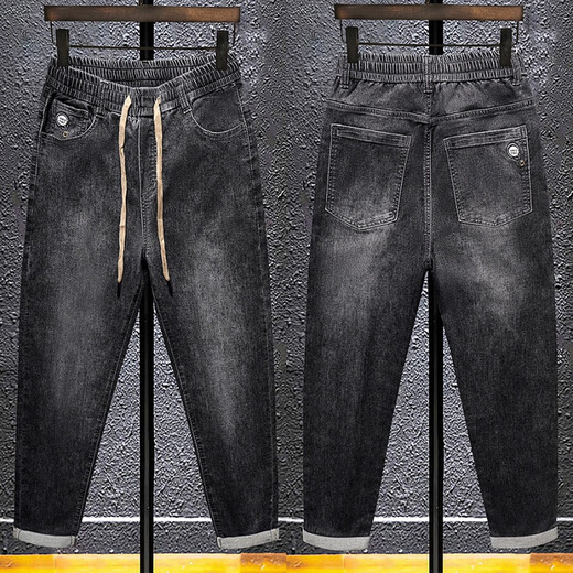 梦园朵夏季牛仔裤男士松紧腰高弹力宽松版型休闲裤男韩版潮流小脚裤长裤 常规 3887黑色 28  90-105