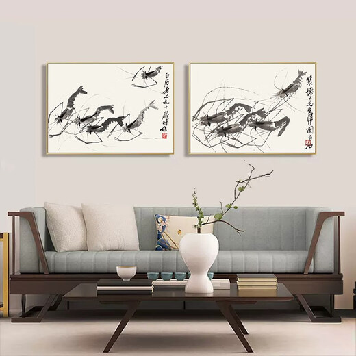 Qi white graphite shrimp new Chinese style decorative painting living room sofa background wall painting ink Chinese style restaurant study hanging painting 23 ink shrimp 3 horizontal version 70*100 simple black frame + canvas