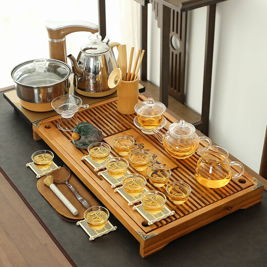Zhuang Ziran Kung Fu Tea Set Household Tea Tray Complete Set Fully Automatic Kettle Integrated Tea Tray Office Reception Tea Table Teapot Immediate Success Tea Tray + Glass Tea Set 14 Pieces