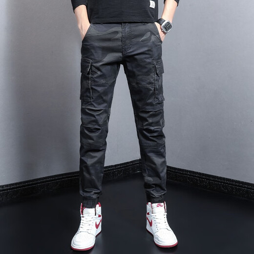 Gekochte Cui (Shucui) Frühlings- und Sommer-Herrenhose koreanische Style Trendy Marke Slim Casual Hosen für die trendige Persönlichkeit von Männern vielseitige Mehrfach-Tasten-Tarn-Tarn-Herren-modische Fußbindung Herrenhosen WJL-692e Größe 30 (Taillenumfang 2 Fuß 3)