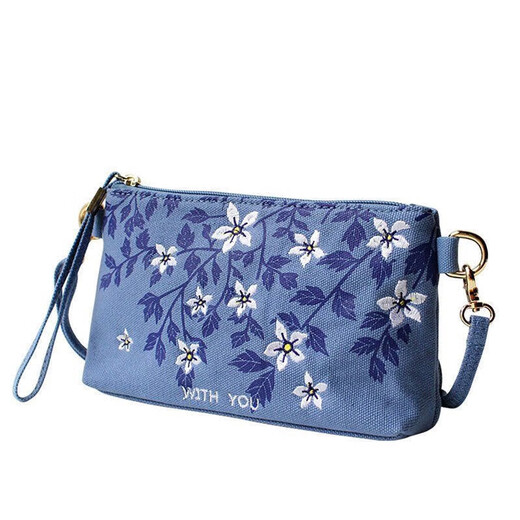 Pukanon 2025 New Chinese Style Embroidered Bag Printed Art Bag Crossbody Bag Shoulder Bag Clutch Bag Canvas Women's Bag Denim Blue + Hand Strap + Diagonal Strap