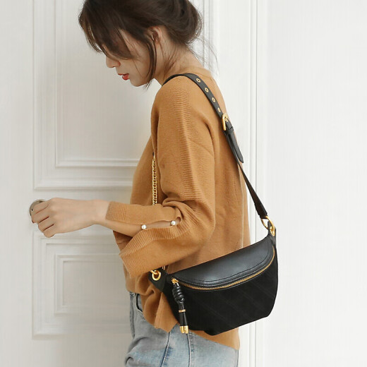 Viney fashion bag women's leather crossbody bag women's versatile simple chest bag Korean style shoulder bag trendy (matte black)