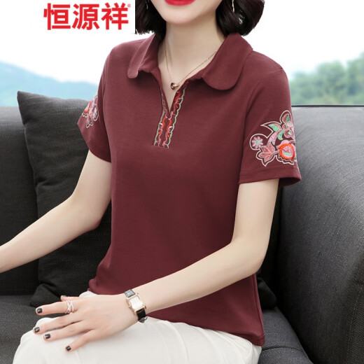 Hengyuanxiang brand short-sleeved T-shirt women's collared tops mom's summer clothes new middle-aged and elderly half-sleeved lapel polo shirt fashionable age-reducing rust red M