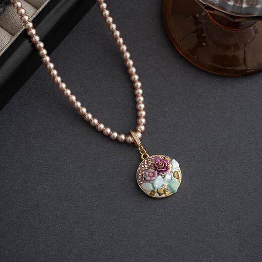 Chuxiao oil painting style pearl necklace for women new Chinese style national style flower literary retro 2024 new niche design clavicle chain oil painting pearl necklace about 47+6cm long