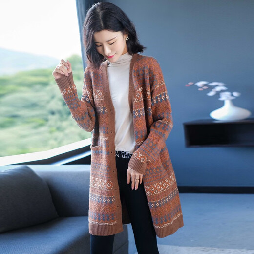 Su Xun knitted sweater women's cardigan mid-length spring and autumn new style women's outer shawl loose retro long-sleeved sweater jacket gray 2381M