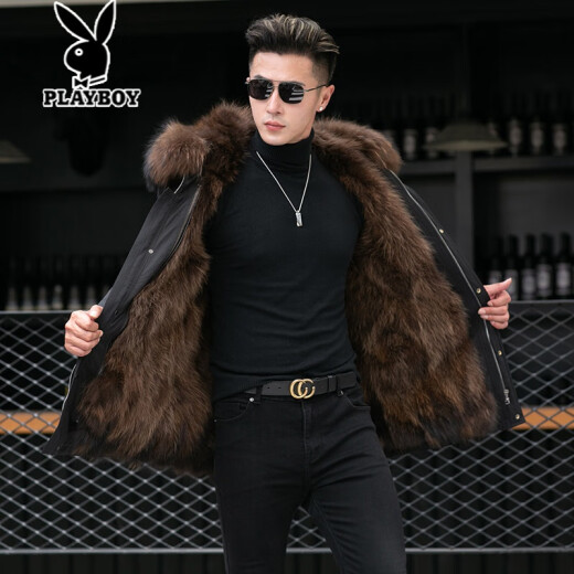 Playboy new parka men's 2020 Haining mid-green long removable raccoon fur liner parka men's brown 5XL