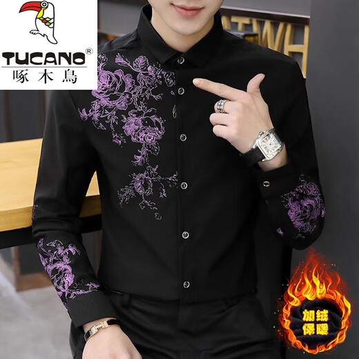 Woodpecker (TUCANO) winter white shirt men's long-sleeved slim suit men's shirt business casual high-end plus velvet thickened warm top 829 black plus velvet [plug plus velvet thickened] L reference 110-125 Jin [Jin equals 0.5 kg]