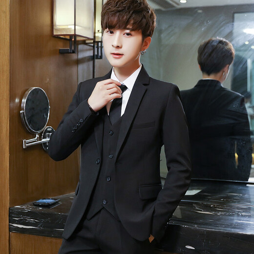 18-year-old teenager high school student adult dress suit boy suit men's suit junior high school and high school student graduation dress host casual black (solid color six-piece suit + shirt + vest + trousers) belt + 170/M 120-128Jin Jin is equal to 0.5 kg
