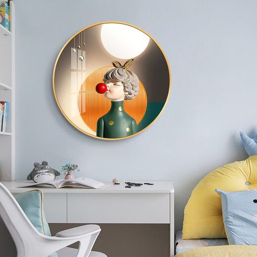 Villa round crystal porcelain painting bedroom decoration painting modern simple abstract cartoon characters children's room hanging painting room bedside painting 13886 Young girl [default black frame] High-transparent crystal porcelain surface diameter 50