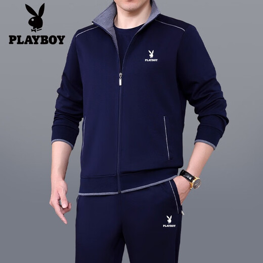 Playboy sports suit men's three-piece set spring and autumn new style dad suit large size middle-aged and elderly casual running sports suit 3937 dark blue [spring and autumn three-piece set] L [recommended 100-120 Jin [Jin equals about 0.5 kg]]