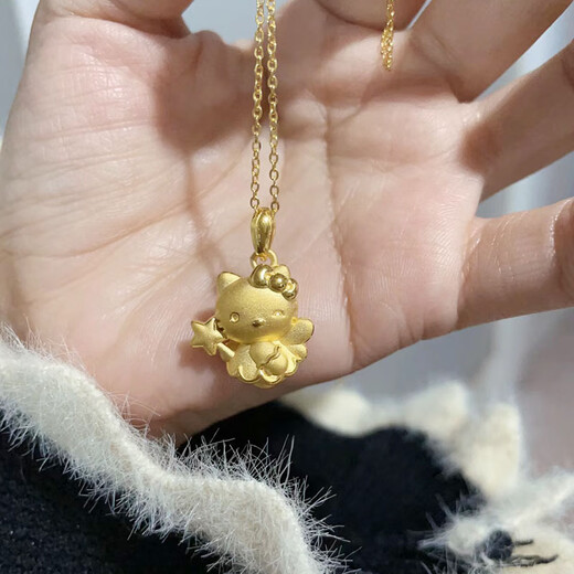 Jingyue Long Gold Hello Kitty Pendant 999 Pure Gold Fairy Angel KT Cupid Cady Cat Pendant Women's Necklace Gold Fairy Stick KT About 0.6-0.7g+S925 Necklace