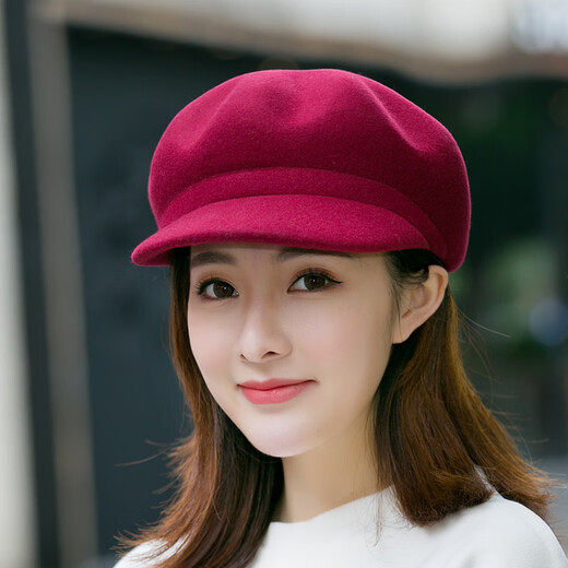 Woodpecker Hat Women's Korean Style Autumn and Winter Woolen Beret British Style Fashion Versatile Duck Bill Octagon Hat Caramel Color M Adjustable (54-59c)