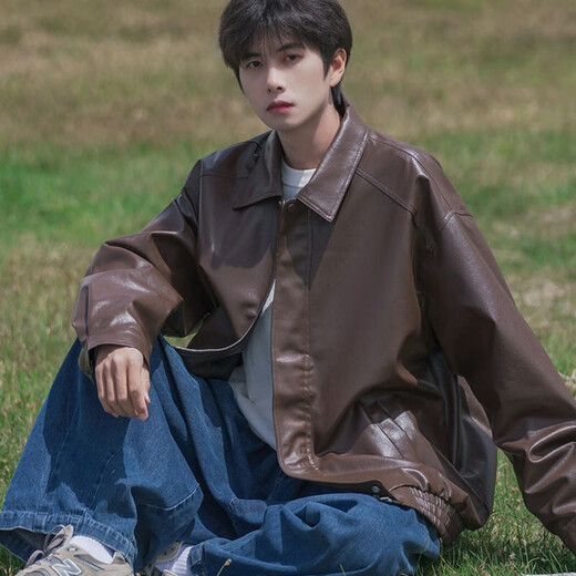 7 excellent jackets for men in autumn Hong Kong style retro pu leather trendy loose casual leather jacket lapel solid color versatile top CLB-JK911 brown XL