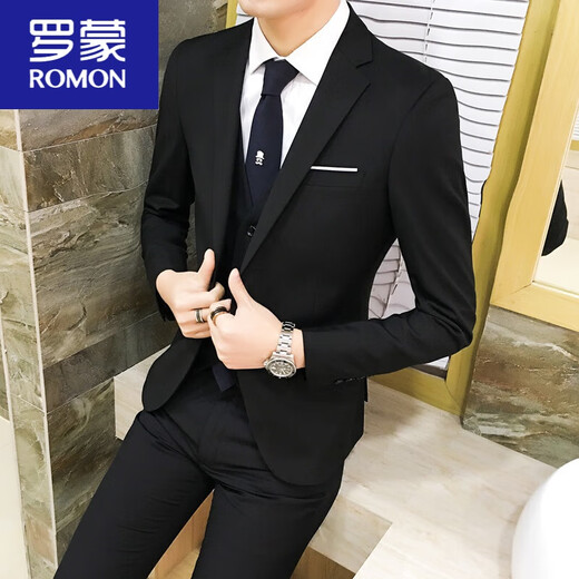 ROMON suit men's three-piece business formal suit professional suit groomsmen groomsmen wedding dress spring navy blue (suit + trousers) 2XL 130-145Jin Jin equals 0.5 kg